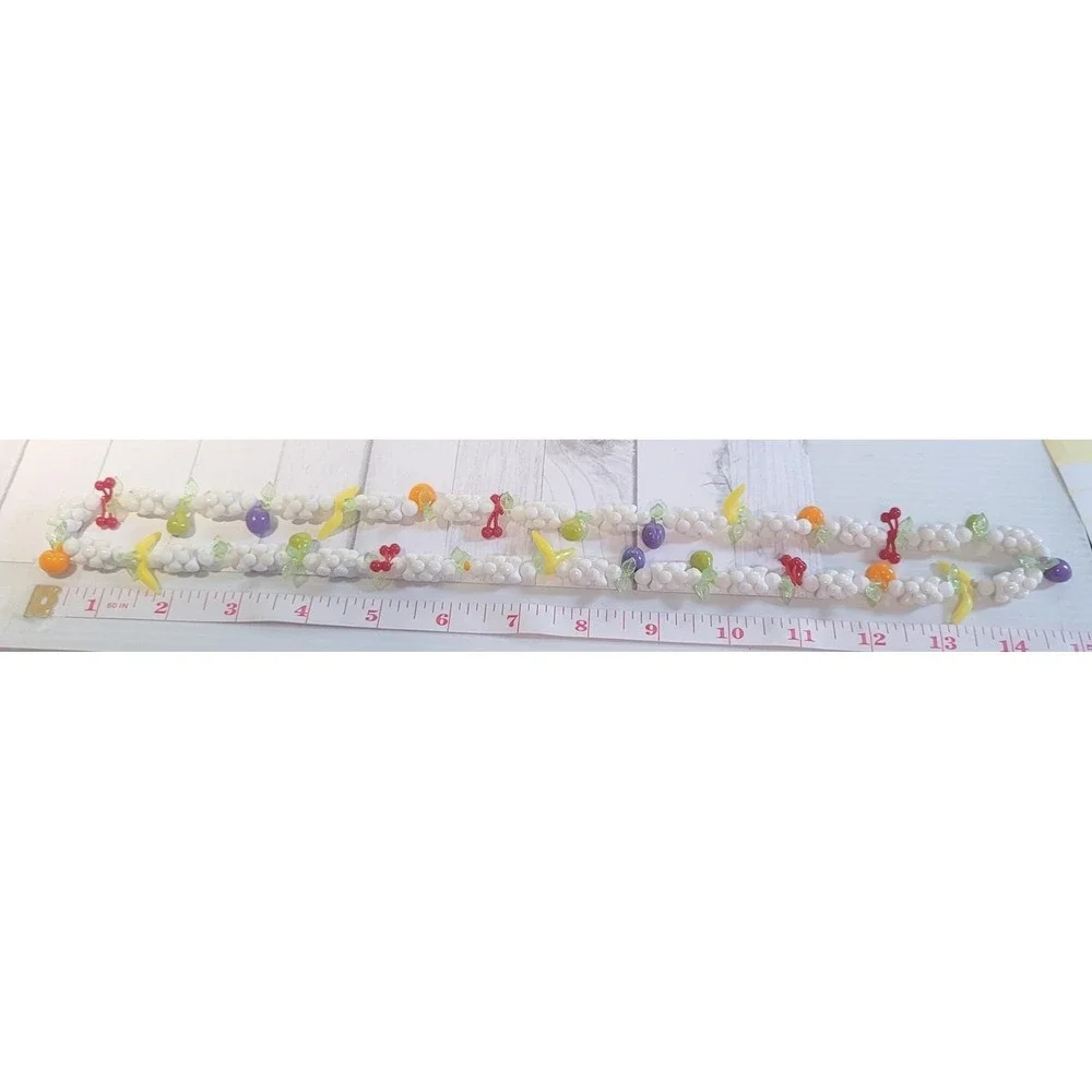 Vintage Fruit Salad Plastic Popcorn Beaded Necklace Apples Cherries Bananas Plum